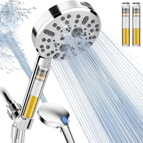 Filtered Shower Head, High Pressure 9 Spray Mode Showerhead - Built in Power Wash for Clean, Showerhead with Filters for Hard Water Remove Chlorine and Harmful Substance(Chrome, 3 Filters)