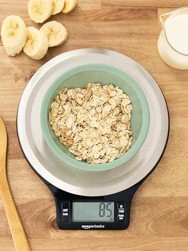 Amazon Basics Digital Kitchen Scale with LCD Display, Tare Function, Multiple Units, Weighs up to 11 Pounds, Batteries Included, Black and Stainless Steel — view 2