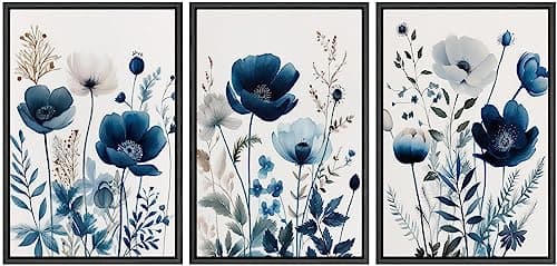 NWT Framed Canvas Print Wall Art Set Navy Blue Wildflower Lily Daisy Garden Nature Wilderness Illustrations Modern Art Decorative Minimalist Floral Botanical Flowers for Bedroom - 16"x24"x3 Black