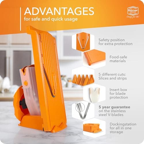 Mandoline Food Slicer Börner V3 (Profi Set) by Reston Lloyd • V-Slicer with 4 Inserts, Docking Station & Food Holder • Made in Germany • Fruit & Vegetable Chopper • Multiple Settings • Color: Orange — view 3