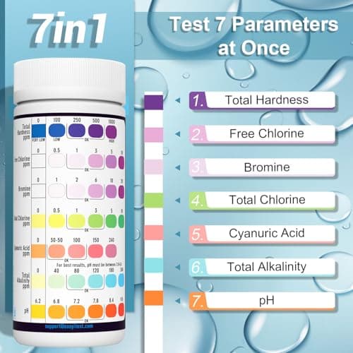 EASYTEST 7-Way Pool Test Strips, 150 Strips Water Chemical Testing for Hot tub and Spa, Accurate Test Bromine, Total Alkalinity, pH, Free Chlorine, Total Hardness, Cyanuric Acid, and Total Chlorine — view 2