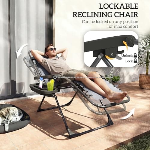 Outsunny Zero Gravity Chair Set of 2, Adjustable Reclining Outdoor Lounge Chair with Cup Holder, Folding Recliner Patio Chairs with Headrest for Patio, Pool, Camping, Dark Grey — view 4