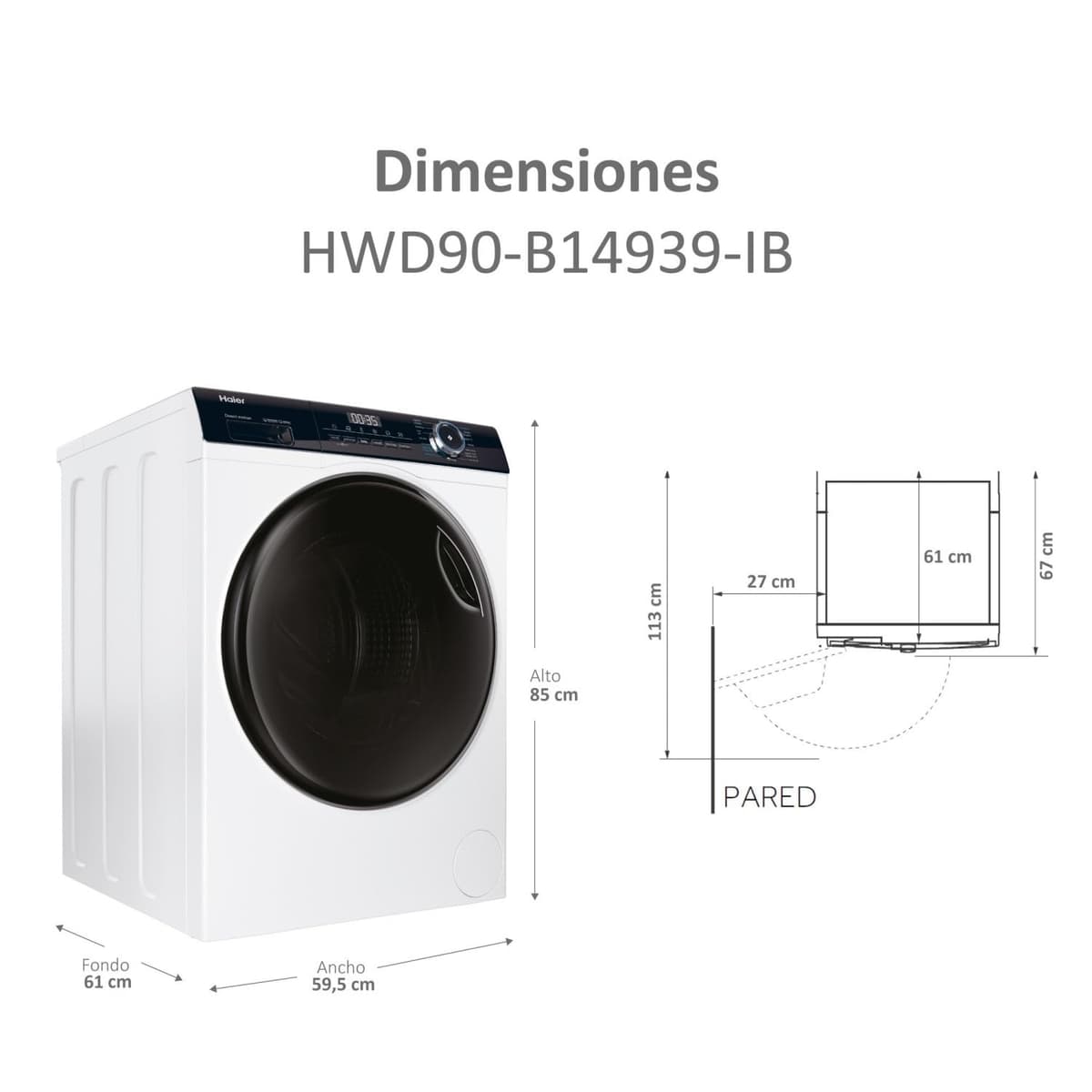 Haier I-Pro Series 3 HWD90-B14939-IB - Lavadora Secadora, Capacidad 9 kg + 6 kg, Motor Direct Motion, ABT, Refresh, Fin Diferido, Detector Kg, Libre Instalación, 60CM Ancho, 1400 RPM, Blanco — view 3