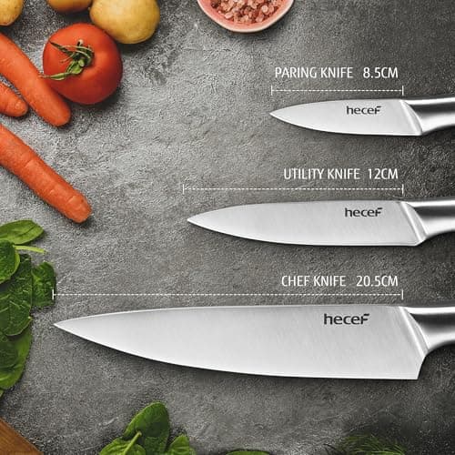 hecef Silver Kitchen knife set of 3, Satin Finish Blade with Hollow Handle, includes 8" Chef, 5" Utility and 3.5" paring knife — view 2