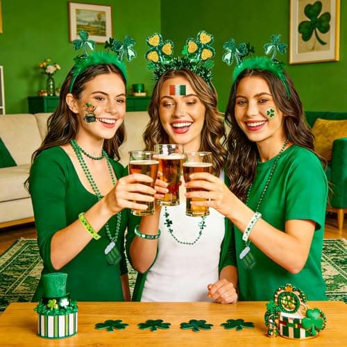 Yunfan 29Pack St Patricks Day Accessories St Patricks Day Decorations Green Shamrock Clover Necklaces Headbands Bracelets Tattoo Stickers for Leprechaun Costume Accessories Irish Party Supplies — view 5