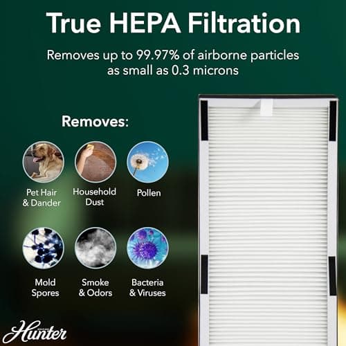 Hunter Air Purifiers for Home Large Room and Bedroom. True HEPA Air Purifier Tower for Pets, Odors, Allergens, Smoke, Dust, VOC's. Cleans 969 Ft² per Hour, 3 Fan Speeds, Sleep Timer. White — view 3