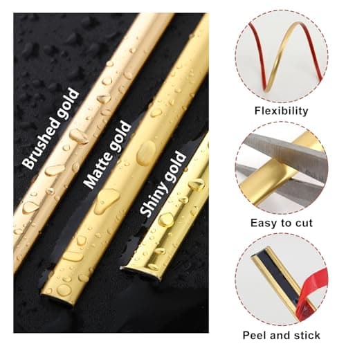Lunghaa Peel and Stick Matte Gold Finish Molding Trim, 196.8" x 0.31" Flexible Decoration Strip for Wall, Tile Edge, Mirror, Cabinet, Furniture and DIY Home Decor