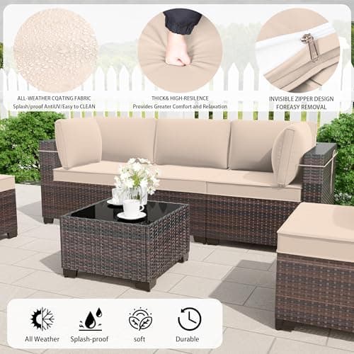 RTDTD 7 Pieces Outdoor Patio Furniture Set,Outdoor Sectional Furniture All Weather PE Rattan Wicker Patio Conversation Set with Coffee Table and 6 Thickened Cushions,Brown — view 3