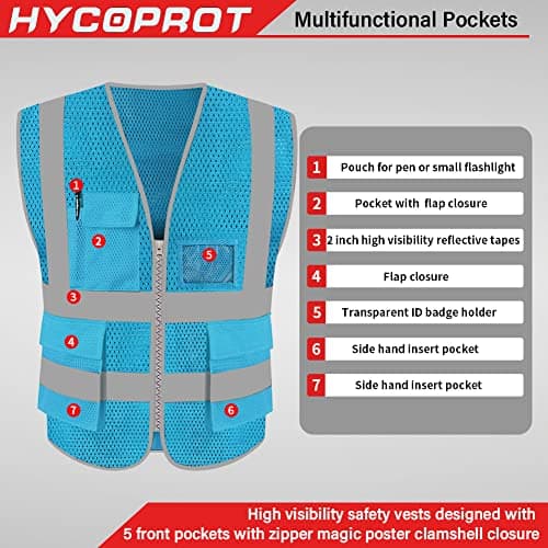 HYCOPROT High Visibility Mesh Safety Reflective Vest with Pockets and Zipper, Meets ANSI/ISEA Standards