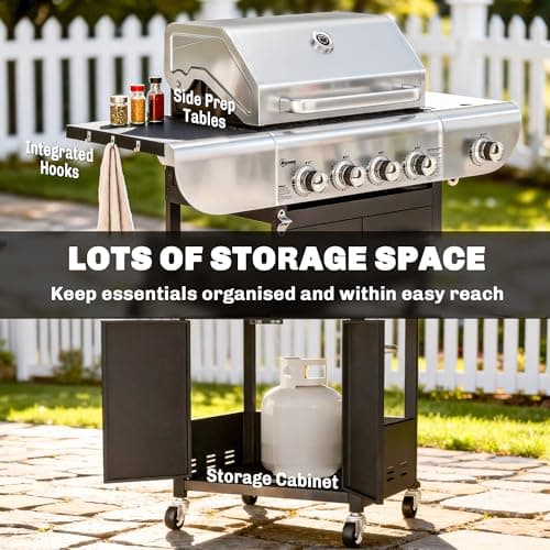 Outsunny 4 Burner Propane Gas Grill with Side Burner, 53,000 BTU BBQ Grill, Propane BBQ with Cast Iron Grates, Wheels, Warming Rack, Side Tables, Cabinet, Thermometer, Hooks — view 4