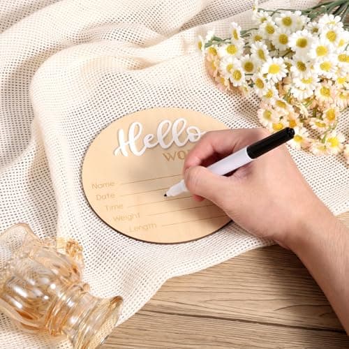 Newborn Announcement Sign with Pen, 5.9in Wooden Hello World Baby Welcome Sign for Newborn Boys and Girls Photo Props Baby Shower Hospital Nursery (White) — view 3