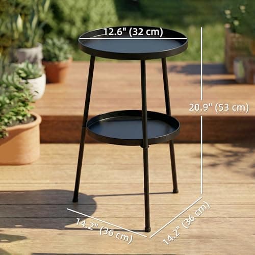Outsunny Metal Patio Side Table, 2-Tier Round End Table, for Living Room, Bedroom, Garden, Balcony, Black — view 2