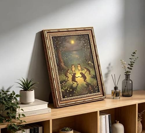 Vintage Gold Framed Frog Wall Art,Frogs Dancing in Moonlight Forest Painting Canvas Prints,Whimsical Animal Wall Decor,Retro Country Toad Poster Artwork,for Corridor Living room Bedroom Kitchen — view 5