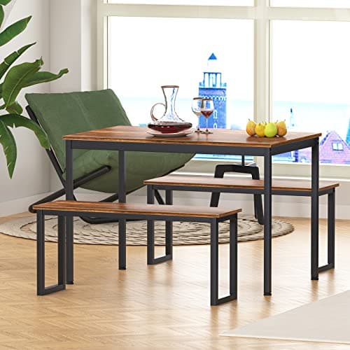 SDHYL Dining Table Set, Kitchen Table with 2 Benches, Space Saving Kitchen Dining Table Set for Living Room, Kitchen Room, Dining Room, Restaurant, Rustic Brown, 44.9 Inches — view 5
