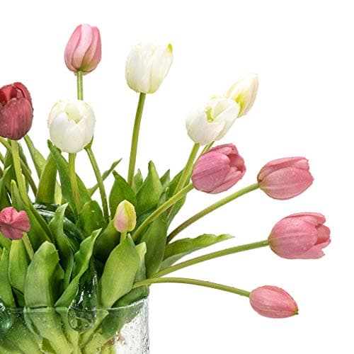 DUYONE 15Pcs Artificial Tulips Flowers, Soft Touch Realistic Latex Tulips Bouquet for Home Office Wedding Party Garden Decor, Fake Flowers for Centerpieces Dining Table Living Room Spring(White,15pcs) — view 5