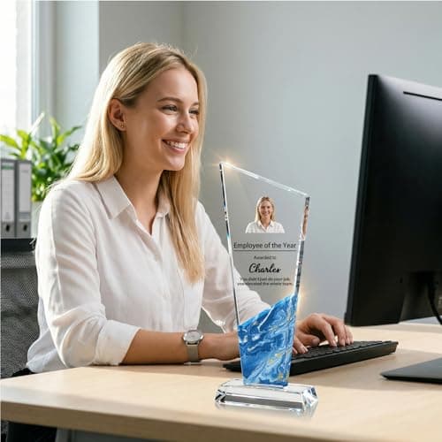 Personalized Crystal Awards and Trophies, Custom Trophy with Text Logo Photo for Farewell Retirement, Corporate Employee Recognition, Thank You Gifts for Boss Employee Teacher (Blue Marble 1) — view 3