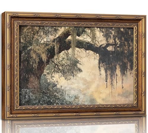 Vintage Gold Framed Vintage Oak Tree Wall Art Retro Landscape Canvas Wall Decor Oak Tree Moss Artwork Picture Retro Rustic Tree Poster Print for Home Living Bedroom Farmhouse Hallway