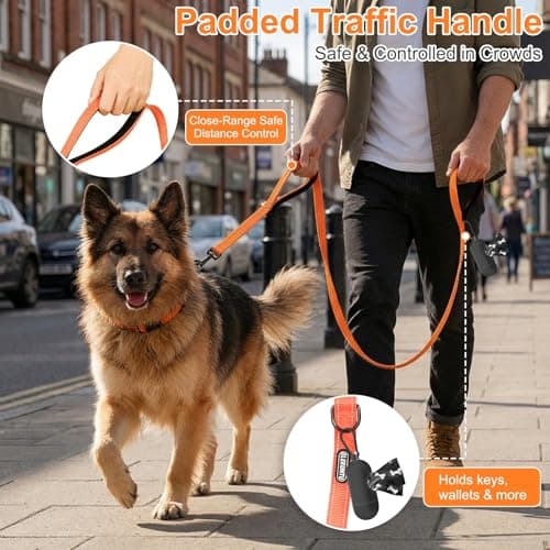 CLCKUMTU Heavy Duty Dog Leash with 2 Comfortable Padded Handles, 6FT Traffic Handle Extra Control, Highly Reflective Threads Leash for Small/Medium/Large Dogs (Orange) — view 3