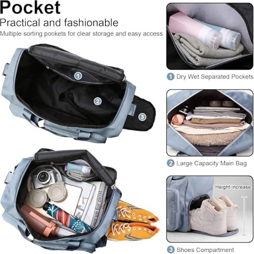 Gym Bag Womens Men with Shoes Compartment and Wet Pocket, Lightweight Foldable Travel Duffel Bag Sport Gym Tote Bags Weekend Overnight Bag for Travel Sports Yoga Outdoor Activities (Blue) — view 4