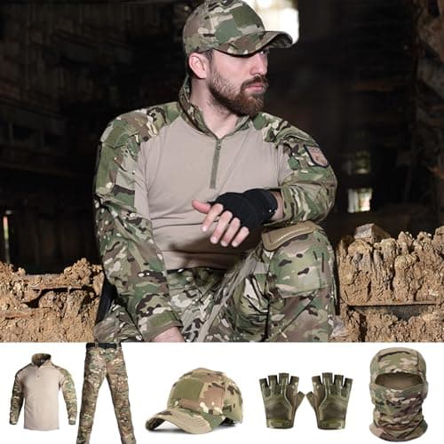 SANYETS Tactical Uniform,Combat Long Sleeve Shirt and Pants,Cap Gloves Balaclava Set Airsoft Suit, Military Gear Amy Clothing for Men(XL,Camo)