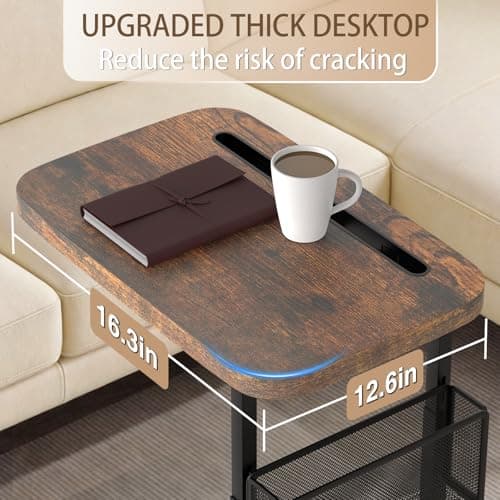 C Table End Table Adjustable Height,TV Tray Table with Storage Baskets,Strong Metal Frame,Tall C Shaped Side Table for TV Watching, Meals, Snacks or Small Space (Rustic Brown, 16.93inch x 12.6inch) — view 3