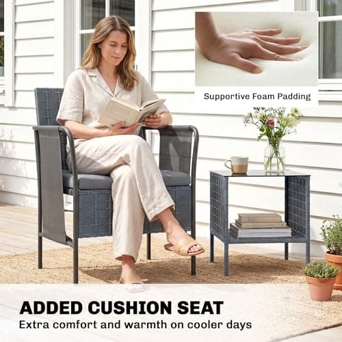 Outsunny 3 Piece Wicker Patio Furniture Set, Outdoor Bistro Set with Side Pockets, Mesh Seat, 2 Tier Glass Table, Cushions, Outdoor Conversation Furniture for Porch Balcony, Grey — view 5