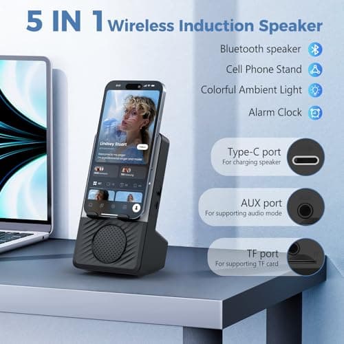 Auriani Wireless Induction Speaker, 5 in 1 Bluetooth Speaker with Cell Phone Stand, Phone Holder with Rechargeable Colorful Light and Alarm Clock for iPhone/Android/iPad — view 4