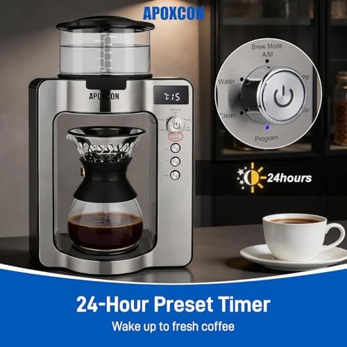 APOXCON Automatic Drip Coffee Maker for Coffee Enthusiasts -Pour Over Coffee Brewer with Programmable Timer, Hand Drip Simulation, Adjustable Strength, Built-in Scale, Glass Water Tank & Carafe — view 5