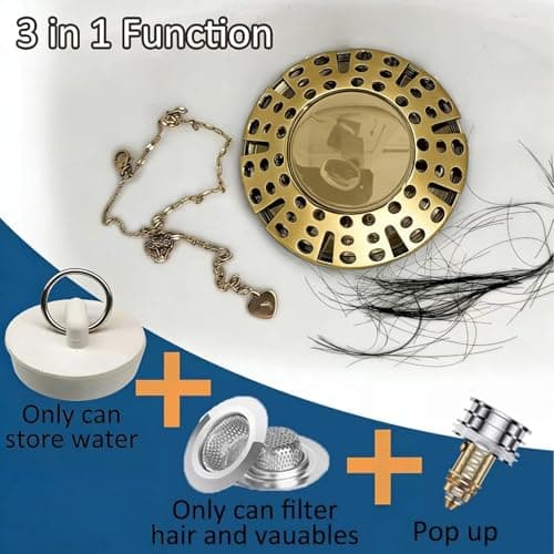 AzWzz Bathtub Drain Stopper, Pop Up Tub Stopper Plug with Bathtub Drain Hair Catcher Cover, Universal for 1.45 in to 1.8 in Tub Drain, Brushed Gold — view 4
