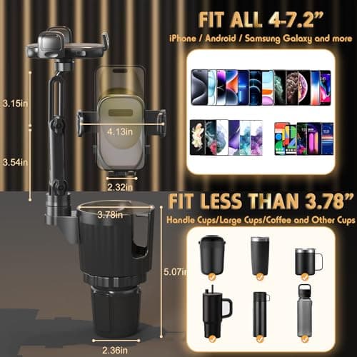 bokilino Phone Holders for Your Car, 2 in 1 Universal Cup Holder Expander Adjustable Base with Phone Mount, Long Arm with 360°Rotation Cup Holder Phones Mount for Car Compatible with All Smartphones — view 3