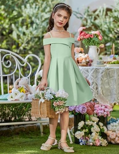 Arshiner Girls Summer Dress Off Shoulder Fold Pleated Formal Elegant A-Line Party Dresses with Pocket Light Green for 13-14Years Girls