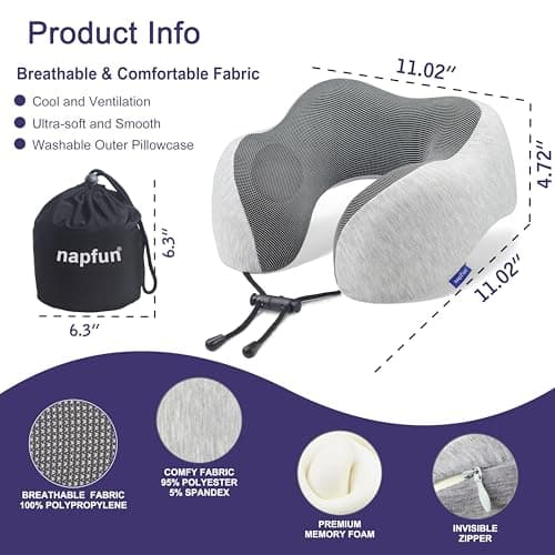napfun Neck Pillow for Traveling, Upgraded Travel Neck Pillow for Airplane 100% Pure Memory Foam Travel Pillow for Flight Headrest Sleep, Portable Plane Accessories, Light Grey — view 2