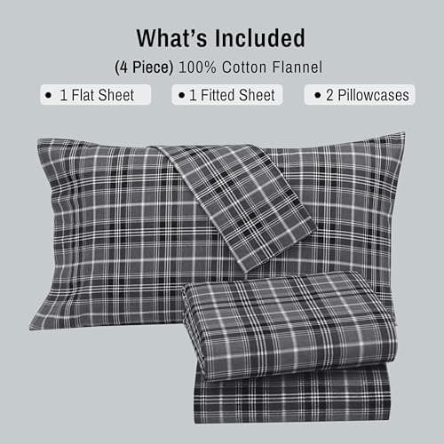 RUVANTI Flannel Sheets Queen Size - 100% Cotton Double Brushed Bed Sheets, Deep Pockets 16 Inches Queen Sheet Set, All Seasons Breathable & Extra Soft - Warm & Cozy, 4 Piece, Grey Plaid — view 6