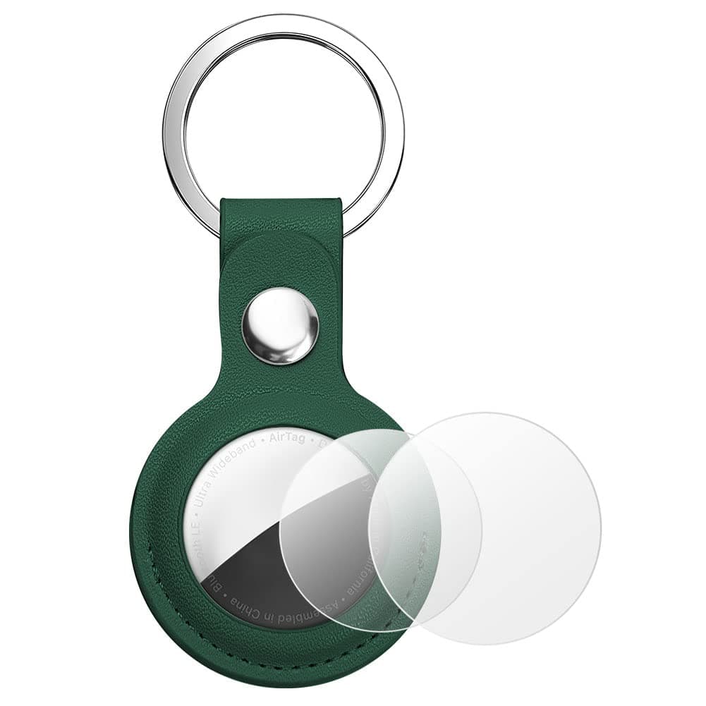 AXFEE Llavero para AirTag Cuero, Llaveros AirTag Funda Protectora con Película Protectora, Llavero Portátil Impermeable, Localizador para Llaves, Mascotas y Mochilas(Pasto Verde)