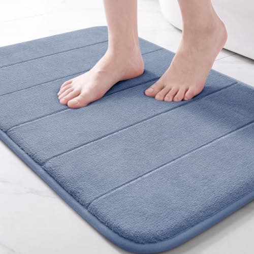 Yimobra Memory Foam Bath Mat Rug, 24 x 17 Inches, Comfortable, Soft, Super Water Absorption, Machine Wash, Non-Slip, Thick, Easier to Dry for Bathroom Floor Rugs, Denim Blue