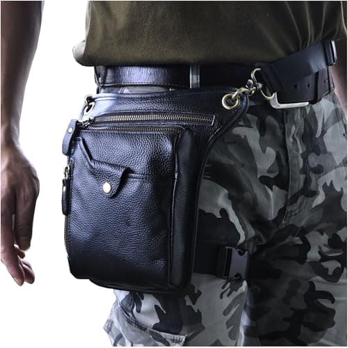 Le'aokuu Mens Genuine Leather Messenger Riding Hip Bum Waist Pack Drop Leg Cross Over Bag (211-5 Black 1)