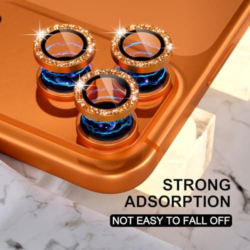 Choiche Compatible for iPhone 17 Pro/iPhone 17 Pro Max Camera Lens Protector Bling, 9H Tempered Glass Camera Cover Screen Protector Metal Ring Decoration Accessories (Glitter-Orange) — view 2