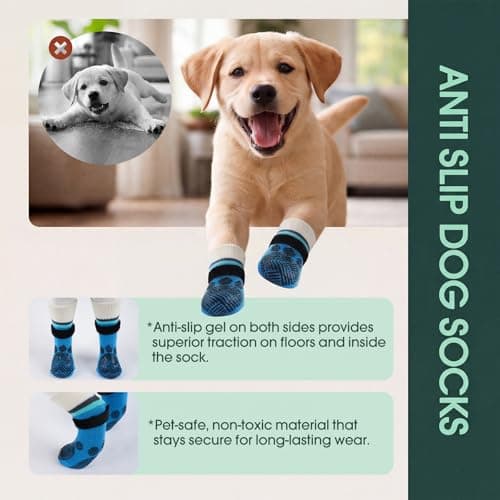 Kuoser Anti Slip Dog Socks to Prevent Licking Paws, Dog Grippy Socks for Hardwood Floors Hot Pavement, 4Pack Traction Control Booties Paw Protectors for Small Medium Large Senior Dogs, Blue XS