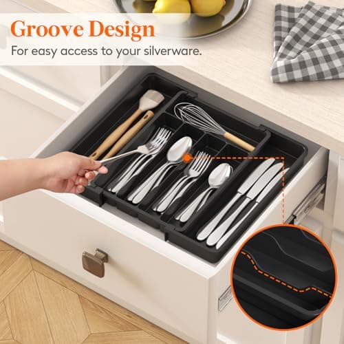 Lifewit Expandable Silverware Organizer, Plastic Utensil Tray for Kitchen Drawer, BPA Free Flatware Cutlery Holder, Space-Saving Storage for Spoons Forks Knives, 8-13.8 x 11.2 x 1.4 inch, Black — view 6