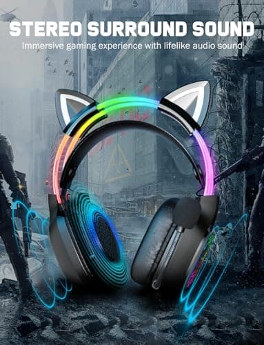 ONITOON Gaming Headset with Microphone, RGB Lights, Detachable Cat Ear, Lightweight Over-Ear Headphones with Adjustable Headband for PC, PS4, PS5, Mac, Switch, Surround Sound, in-Line Control, Black