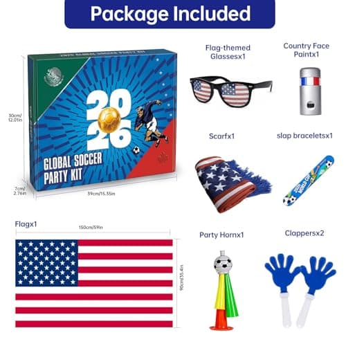 Soccer Fan Gear Set for 2026 World Tournament, Soccer Party Favors Kit with Flag,Scarf, Face Paint, Clapper, Horn&Glasses,Supporter Accessories for Game Day, Sports Event, Gift (Blue-USA) — view 5