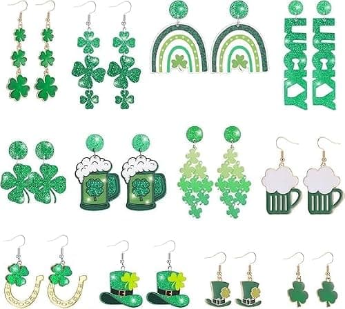 12 Pairs Glitter Rhinestone Earrings Jewelry Set Layered Tassel Green Hat Horseshoe Earring Lucky 4 Leaf Petal Cute Studs for Prom Dress Jewerly