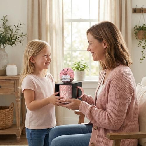 KyreDino Mothers Day Gifts, Best Mom Ever Gifts for Mom from Daughter, Pink Floral Embossed Pattern Mother's Day Mug and Handmade Donut Crochet Gifts Set — view 6