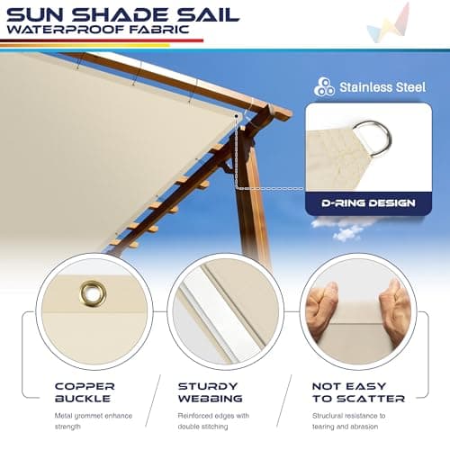 Windscreen4less 16' x 40' Waterproof Sun Shade Sail Straight Edge Outdoor Canopy Cover UV Block for Lawn Patio Backyard Garden Deck Pergola (Beige) — view 3