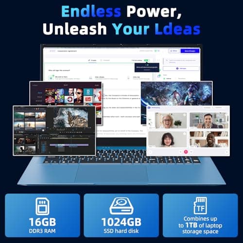 SGIN 18.5 Inch Laptops Computer, 16GB RAM 1024GB SSD Ordinateur Portable Win 11 Laptop, Core i3 Processor, 180° Open Angle, Type-C, 8000mAh, WiFi 6, HDMI, for Business and Students(Blue) — view 3