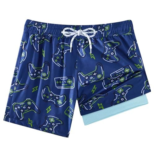APTRO Boys Swim Trunks with Zipper Pockets & Compression Liner Quick Dry 2 in 1 Beach Shorts, Game Blue, 8-10 Years
