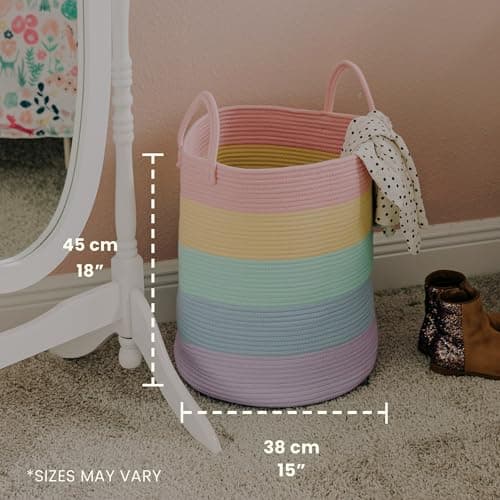 OrganiHaus Tall Rainbow Basket with Handles, Woven Cotton Rope Laundry Basket, Rope Baskets for Dirty Clothes,Towels and Blankets, Large Decorative Storage Bin for Bedroom - 38x45cm