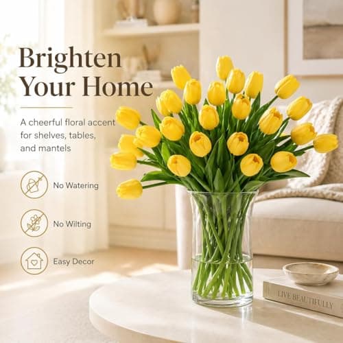 MACTING Yellow Artificial Tulip Flowers - 13.7" 30PCS Real Touch Fake PU Tulips Bouquet Faux Flowers for Floral Arrangements Table Centerpieces Kitchen Indoor Home Mothers Day Decorations — view 2