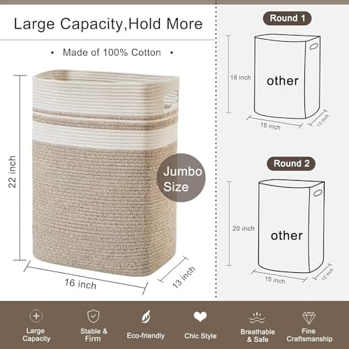 OIAHOMY Laundry Hamper-Laundry Basket,Tall Cotton Storage Basket with Handles,Decorative Blanket Basket for Living room,Collapsible Large Basket for Toys,Pillows,Clothes-16x13x22in-Yellow variegated — view 4