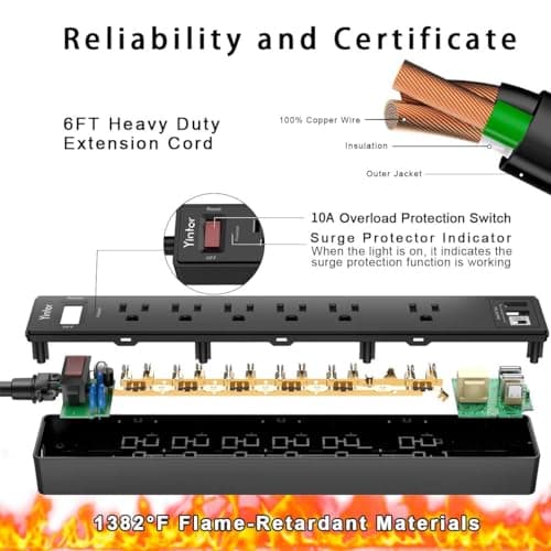 6Ft Power Strip Surge Protector - Yintar Extension Cord with 6 AC Outlets and 3 USB Ports for for Home, Office, Dorm Essentials, 1680 Joules, ETL Listed, (Black) — view 5